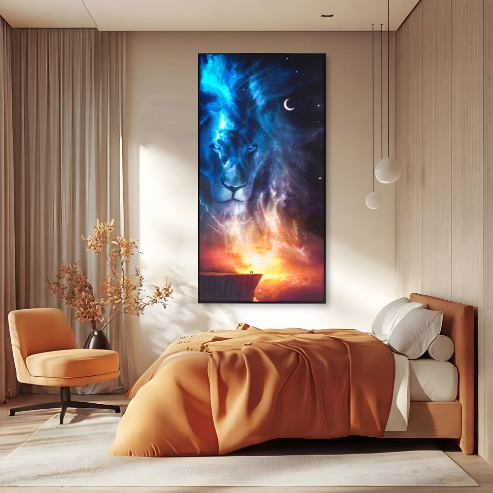 Tablou canvas cu tablou canvas cu leu in univers, in rama de aluminiu negru, pe perete intr-un dormitor